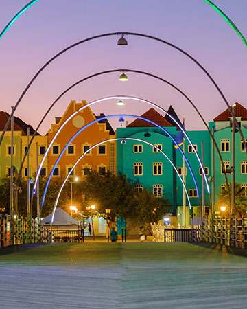 Colorful Dutch colonial buildings along the waterfront in Willemstad, Curaçao