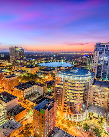 Downtown Orlando, Florida skyline with modern buildings and waterfront